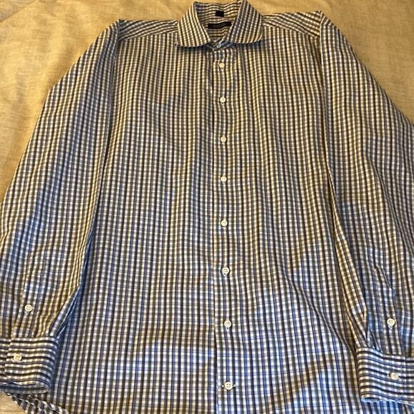 Barneys New York Mens Long Sleeve Fine Cotton Blue/Gray Checked Dress Shirt. XL - Picture 4 of 7